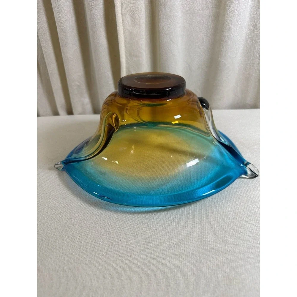 Mid-Century Modern Hand Blown Art Glass Console Bowl in Turquoise and Amber